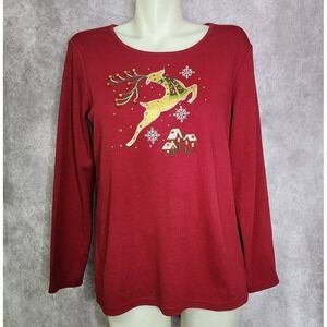 The Quacker Factory Christmas Reindeer Bells Red Long Sleeve Top Size Small Knit